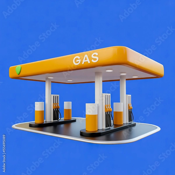 Fototapeta A sleek 3D render of a modern gas station with a bright orange and white canopy labeled “GAS,” multiple fuel pumps, and a clean, minimalist design, set against a vivid blue background. 