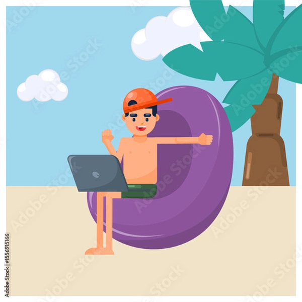 Fototapeta Flat Illustration Digital nomad man working in the beach with his laptop, deadline freelancer project