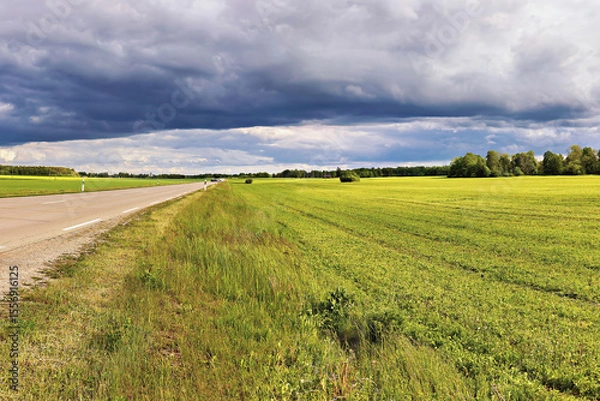 Obraz Huge green field next to the road under dramatic clouds