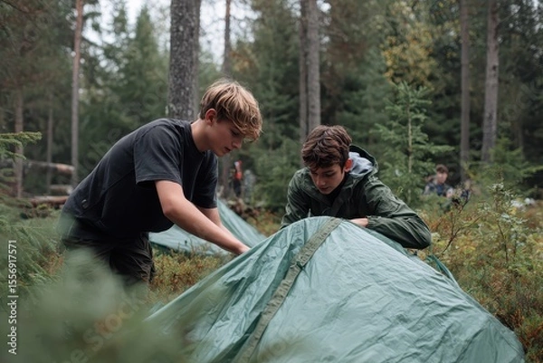 Fototapeta Young campers set up their tent in a lush forest under the gentle light of early evening, creating a cozy haven for the night ahead