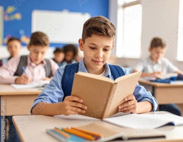 Fototapeta Elementary school children smiling and studying together at desks in a classroom with their teacher helping a group