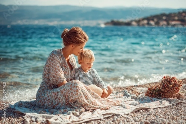 Fototapeta Mother and child enjoying a sunny afternoon on the seashore while resting on a blanket near the waves and pebbles