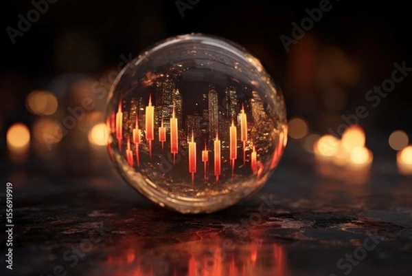 Obraz Crystal ball showing stock market crash, red candles plunging, anxious eyes watching from the dark, symbolic warning as analysts forecast deep recession led by central bank panic policy moves.