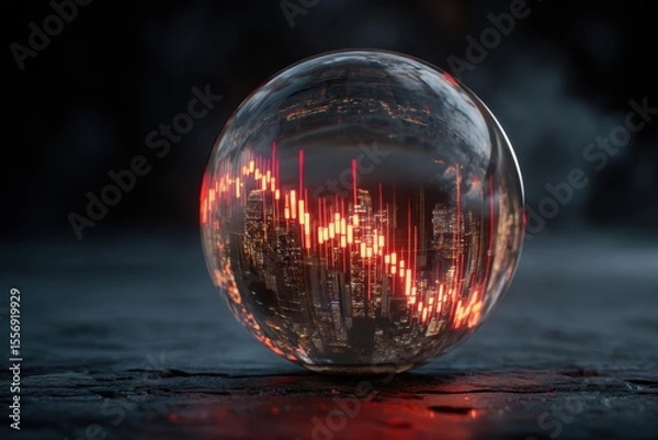 Obraz Crystal ball showing stock market crash, red candles plunging, anxious eyes watching from the dark, symbolic warning as analysts forecast deep recession led by central bank panic policy moves.