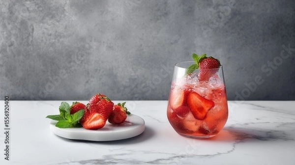 Fototapeta A hyper-realistic food photograph of a strawberry cocktail in a glass, featuring ice and fresh strawberries on top, decorated with sliced strawberries and white cream