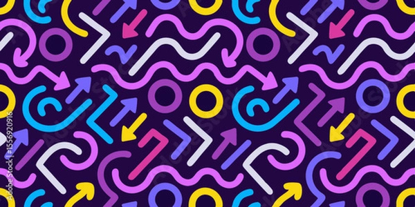 Fototapeta Vibrant memphis style pattern with arrows and swirls on dark background