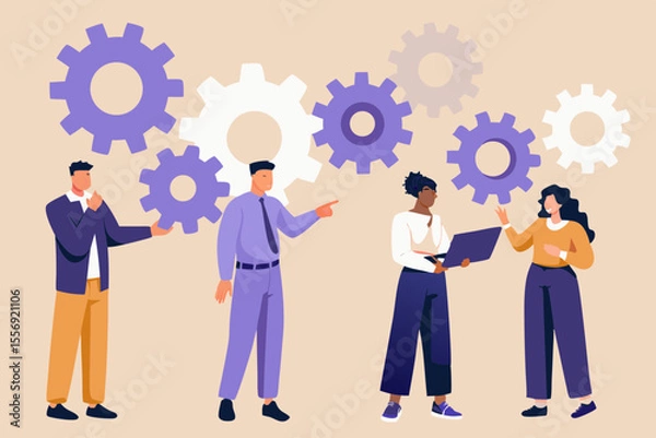 Fototapeta Diverse business team collaborating with gears symbolizing teamwork and process