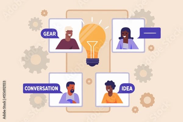 Fototapeta Diverse team collaborating on a new idea with gears and lightbulb symbolizing innovation