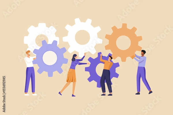 Fototapeta Diverse team working together to connect gears symbolizing collaboration and teamwork