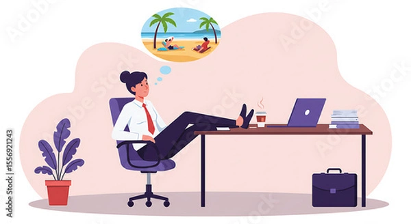 Obraz An office worker escapes stress by daydreaming of a beach vacation. A clean vector showing the need for work-life balance and holiday leave. Set for remote work burnout, Remote work stress, lifestyle