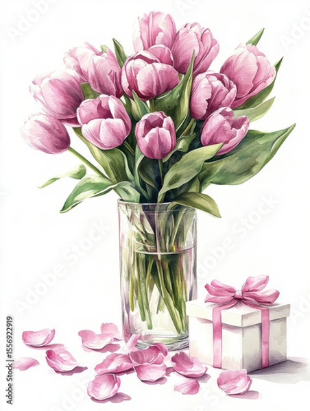 Fototapeta Pink tulips in glass vase with gift box tied with pink ribbon, surrounded by scattered petals, create romantic and elegant scene