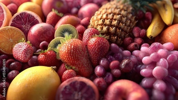 Obraz Fresh fruit medley Strawberries grapes pineapple oranges healthy vitamins wellness vibrant 100