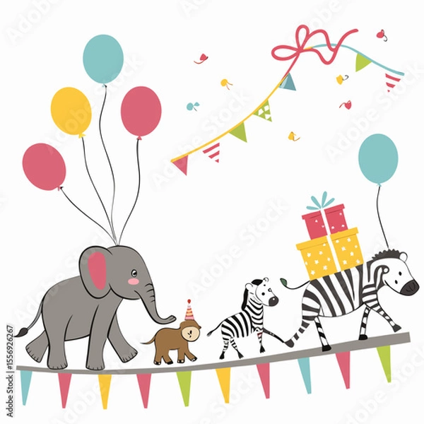 Fototapeta Elephant zebra parade with balloons and presents vector