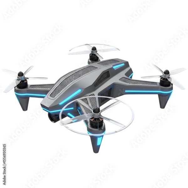 Fototapeta Photo of a futuristic gray drone with bright blue lights is isolated on transparent background, its propellers poised for flight in a detailed 3d rendering