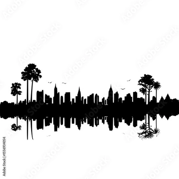 Fototapeta Skyline silhouette with minimal trees and layered background