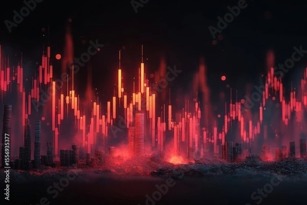 Fototapeta Abstract trading chart with big data and infographics. 3D Fintech concept background with glowing candle chart 