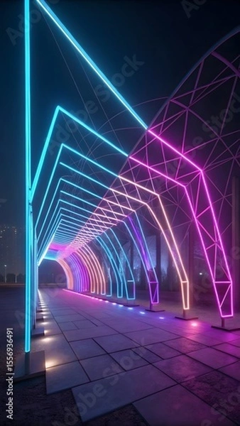 Obraz Neon Rainbow Archway Tunnel: Vibrant Night Cityscape, Futuristic LED Lighting, Modern Architectural Design.