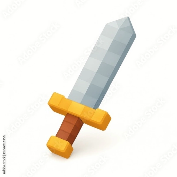 Fototapeta Pixelated sword with gold and brown hilt ideal for gaming graphics, website icons, logo design, and digital illustrations. Versatile asset.