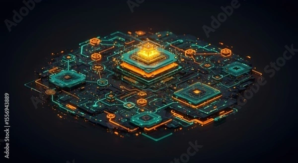 Fototapeta Abstract Digital Circuitry Glowing Nodes and Connections, Isometric 3D Render of Technological Network, Futuristic Data Processing System,  Cyberpunk Style Illustration
