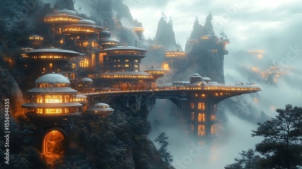 Obraz Futuristic cityscape on mountains