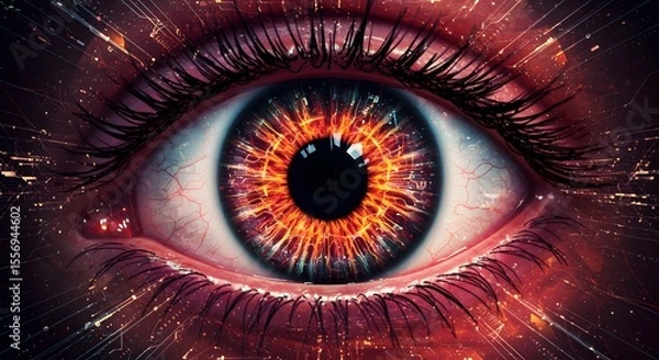 Fototapeta Fiery Cosmic Eye Abstract Digital Art of a Burning Pupil, Intense Gaze, and Glowing Iris.  High-Resolution Fantasy Eye Illustration.