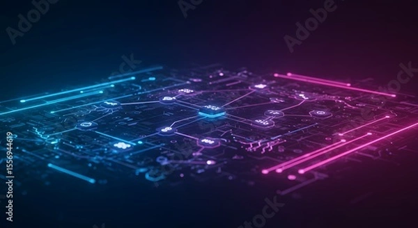 Fototapeta Abstract Futuristic Technology Network Glowing Nodes and Connections in a Digital Cyberspace Landscape