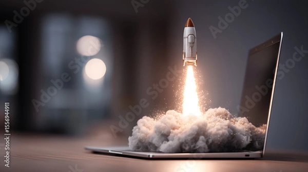 Fototapeta Laptop Rocket Launch: A small rocket blasts off from a laptop computer, symbolizing a successful business launch or technological breakthrough.