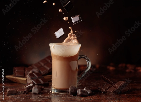 Obraz Pieces of bitter chocolate fall in glass mug with cocoa drink.