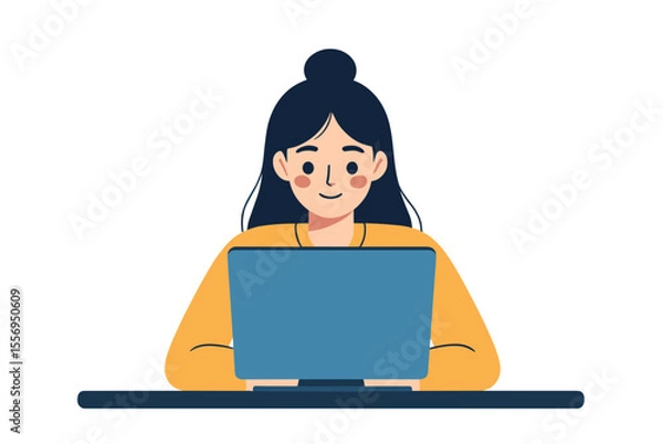 Fototapeta Illustration of a Young Woman Working on a Laptop with a Cheerful Expression, Flat Design Style