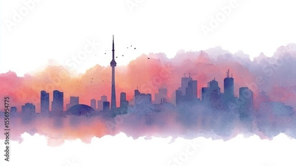 Fototapeta Soft pastel watercolor sunrise over peaceful urban skyline reflected on calm water in gradient wash