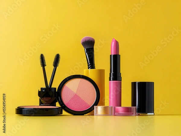 Fototapeta Vibrant display of makeup products including lipstick, blush, mascara, and brushes against bright yellow background, creating cheerful and lively atmosphere