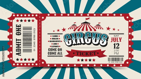 Fototapeta Circus ticket. Vector flat horizontal ticket in vintage style, simple style.	