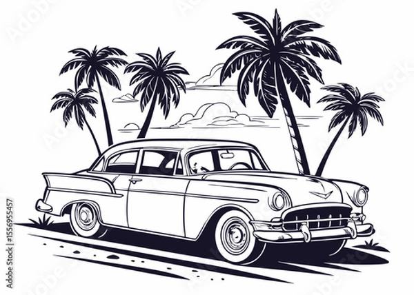 Fototapeta Classic car on a beach with palm trees vintage style black and white line art vector illustration