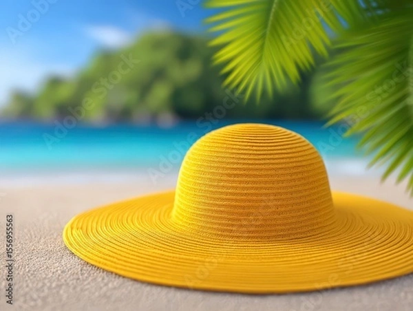 Fototapeta A bright yellow straw hat resting on a sandy beach against a backdrop of turquoise waters and lush green foliage capturing the essence of a serene summer getaway