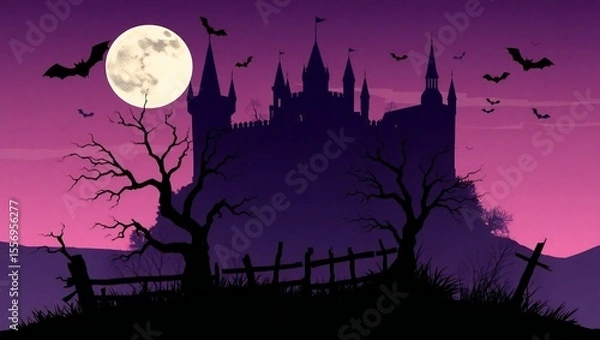 Fototapeta Spooky halloween castle silhouette under a full moon with bats and dead trees