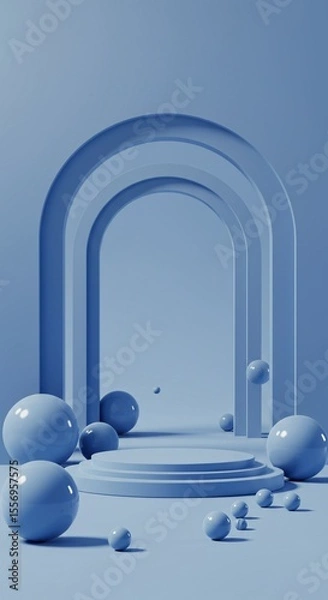 Fototapeta Modern Blue 3D Podium Scene with Abstract Archways and Spheres – Minimal Futuristic Display