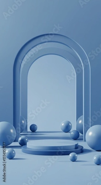Fototapeta Modern Blue 3D Podium Scene with Abstract Archways and Spheres – Minimal Futuristic Display