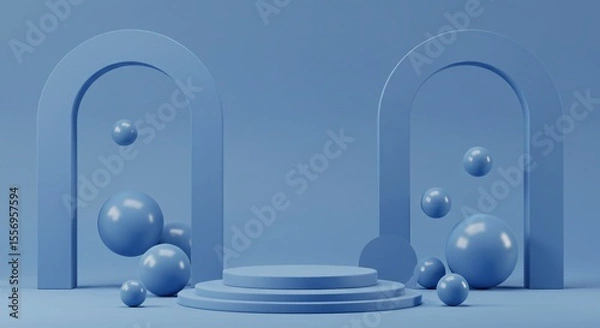 Fototapeta Modern Blue 3D Podium Scene with Abstract Archways and Spheres – Minimal Futuristic Display