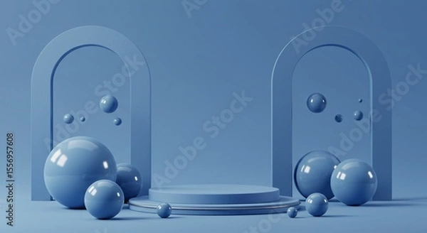 Fototapeta Modern Blue 3D Podium Scene with Abstract Archways and Spheres – Minimal Futuristic Display