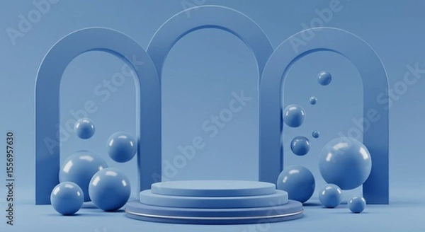 Fototapeta Modern Blue 3D Podium Scene with Abstract Archways and Spheres – Minimal Futuristic Display