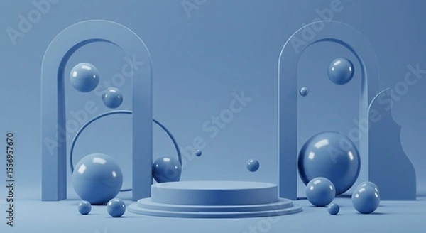 Fototapeta Modern Blue 3D Podium Scene with Abstract Archways and Spheres – Minimal Futuristic Display