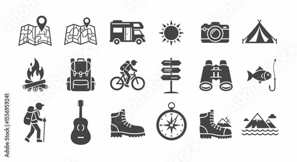 Obraz Black Backpack Icon with Straps and Pockets, Outdoor Adventure Symbol