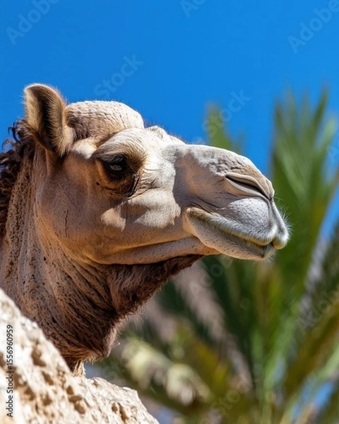 Fototapeta Close-up of a Camel with Bright Blue Sky and Palm Background