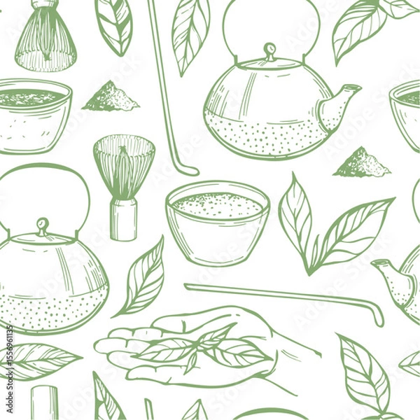 Fototapeta Hand-drawn matcha tea set. Vector seamless pattern.  Sketch illustration