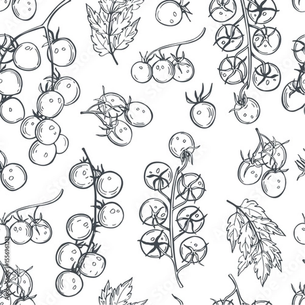 Obraz Hand-drawn cherry tomatoes on a branch.  Vector seamless pattern.  
