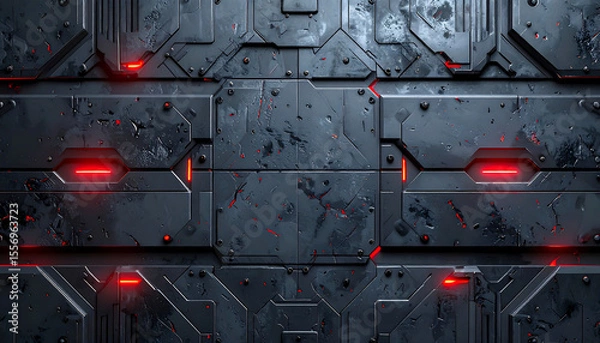 Fototapeta Futuristic gray metallic background with red neon lights offers a high tech, modern aesthetic for sci-fi projects.
