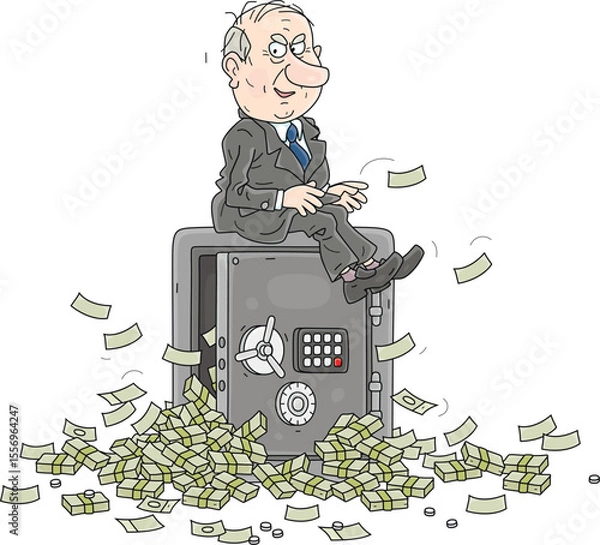 Obraz Lucky businessman sitting on an open safe with a pile of money and enjoying his profit from a deal, vector cartoon illustration on a white background
