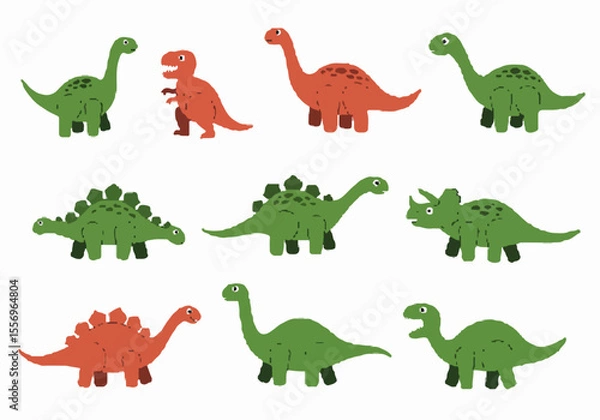 Fototapeta Collection of various cute cartoon dinosaur illustrations in simple hand-drawn style on white background