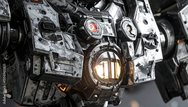 Fototapeta Detailed view of an intricate, metallic robot with glowing lights and complex mechanical structures, showcasing futuristic technology.