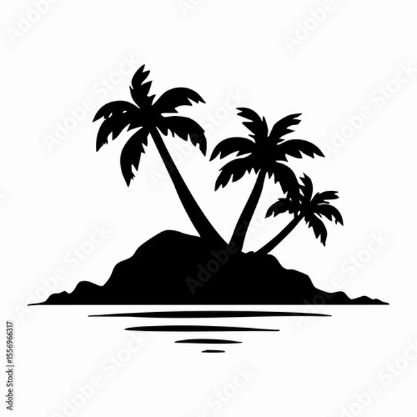 Fototapeta Tropical island silhouette, palm trees, wavy water, black and white illustration, minimalist design, beach landscape, graphic art, simplified shapes, coastal scenery, vacation vibes, tranquil ocean